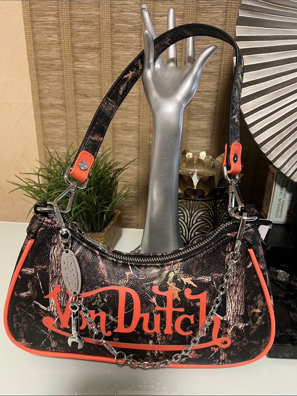 NWT. Viral Von Dutch TREE CAMO  SHOULDER BAG with orange trim